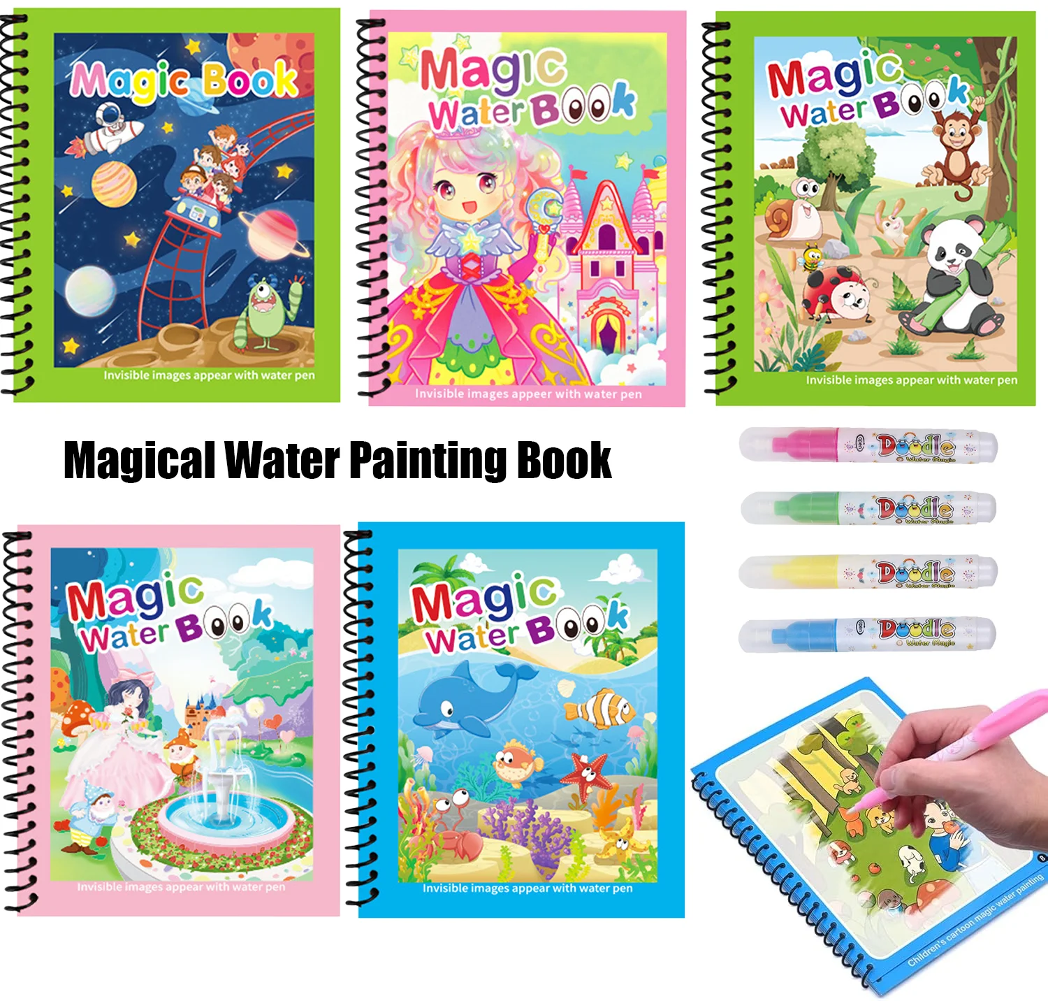 Reusable Water Magic Coloring Book - Wiederverwendbares Malbuch, Montessori-Malbuch mit Stift, magisches